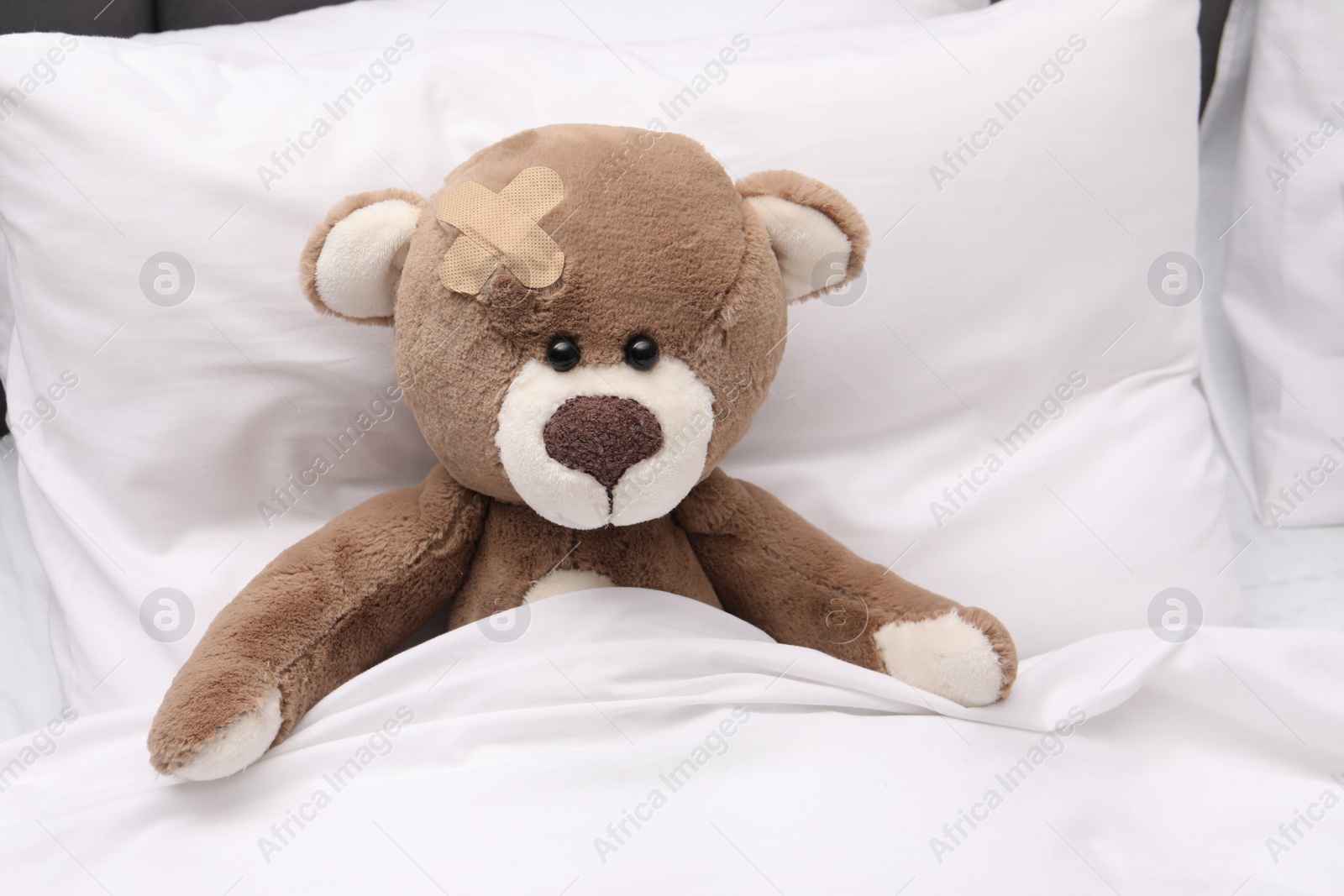 Photo of Toy cute bear with sticking plaster under blanket in bed