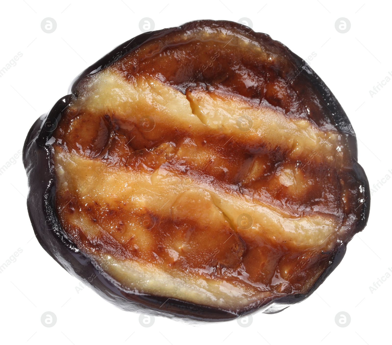 Photo of One slice of tasty grilled eggplant isolated on white