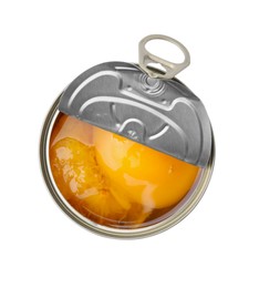 Photo of Open tin can of peaches isolated on white, top view