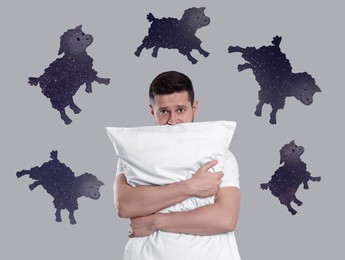 Man with pillow suffering from insomnia on light grey background. Illustrations of sheep jumping around him