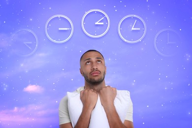 Image of Suffering from insomnia. Man with pillow counting time available to sleep against starry night sky. Illustrations of clocks with different time above him