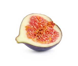 Photo of Half of ripe purple fig on white background