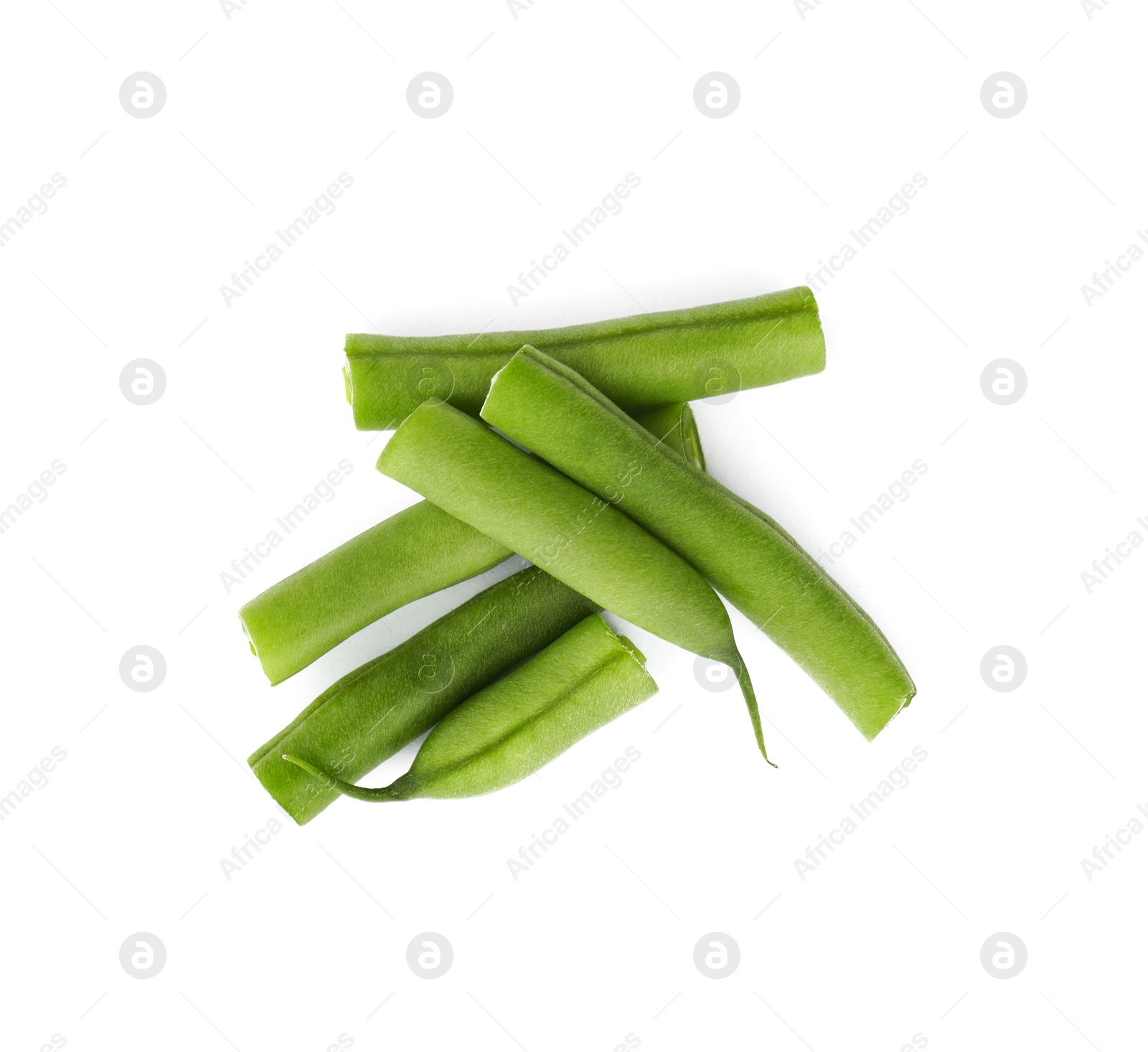 Photo of Fresh green beans on white background, top view