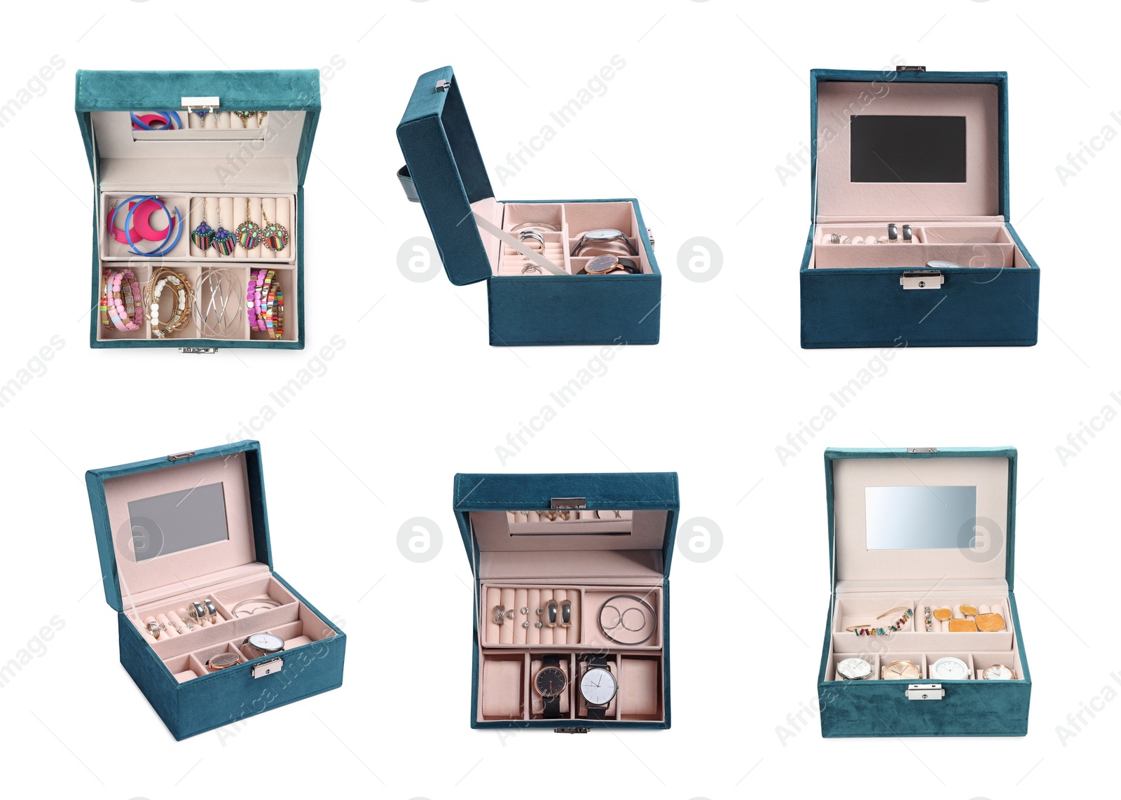 Image of Collage with elegant jewelry box isolated on white, different angles