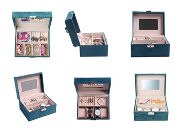 Image of Collage with elegant jewelry box isolated on white, different angles