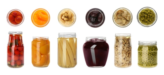 Set of jars with jam and pickled foods on white background. Banner design 