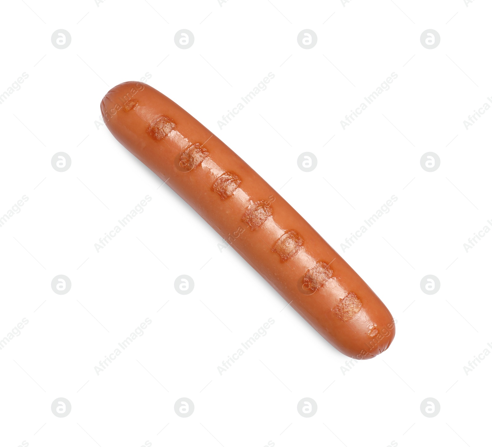 Photo of Tasty grilled sausage on white background, top view. Ingredient for hot dog