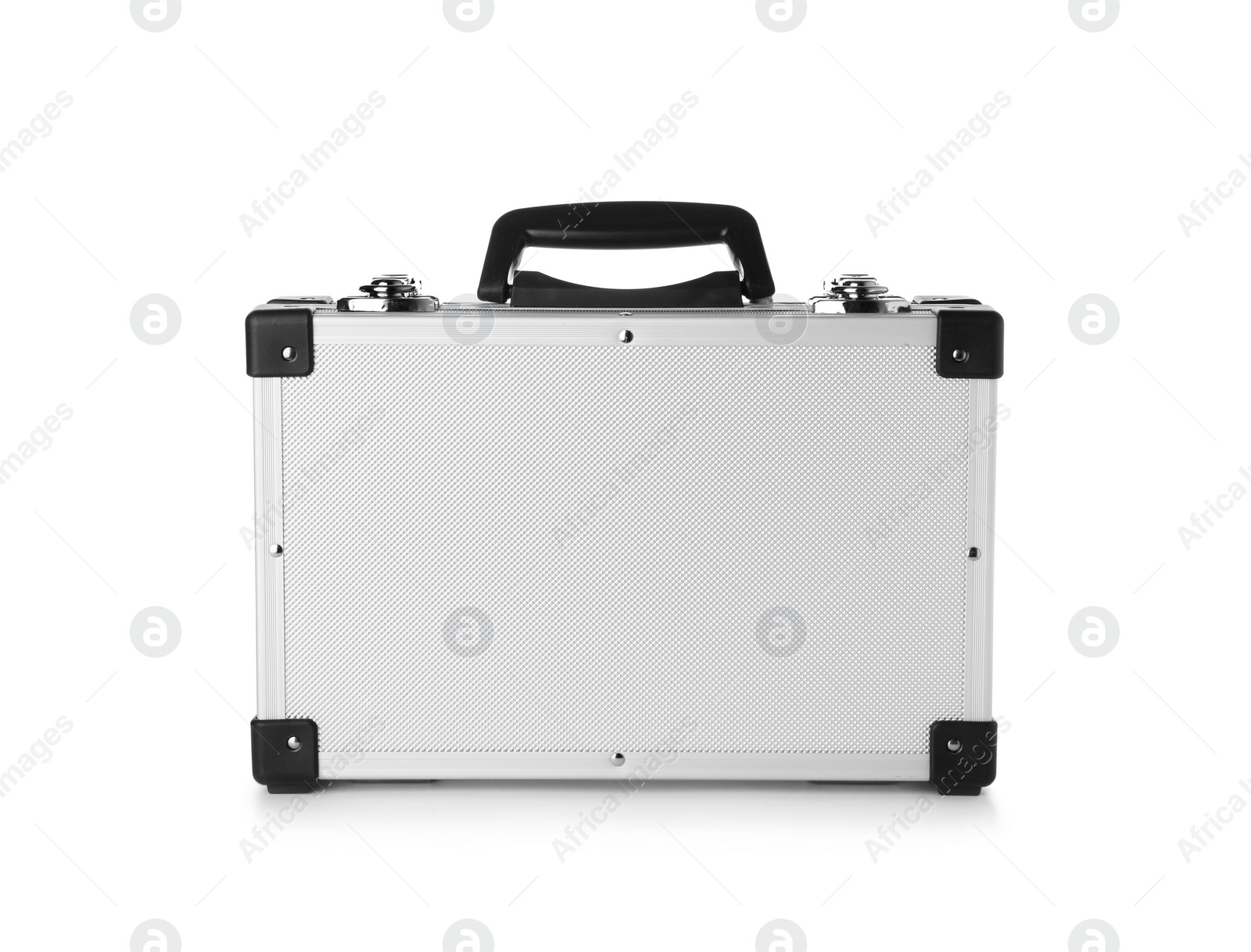 Photo of Closed modern silver suitcase on white background