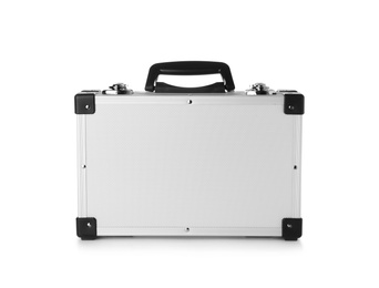 Closed modern silver suitcase on white background