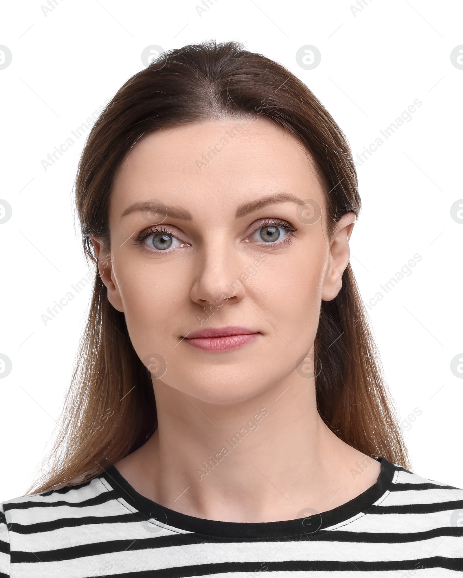 Image of Passport photo. Portrait of woman on white background