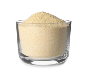 Photo of Bowl of corn flour isolated on white