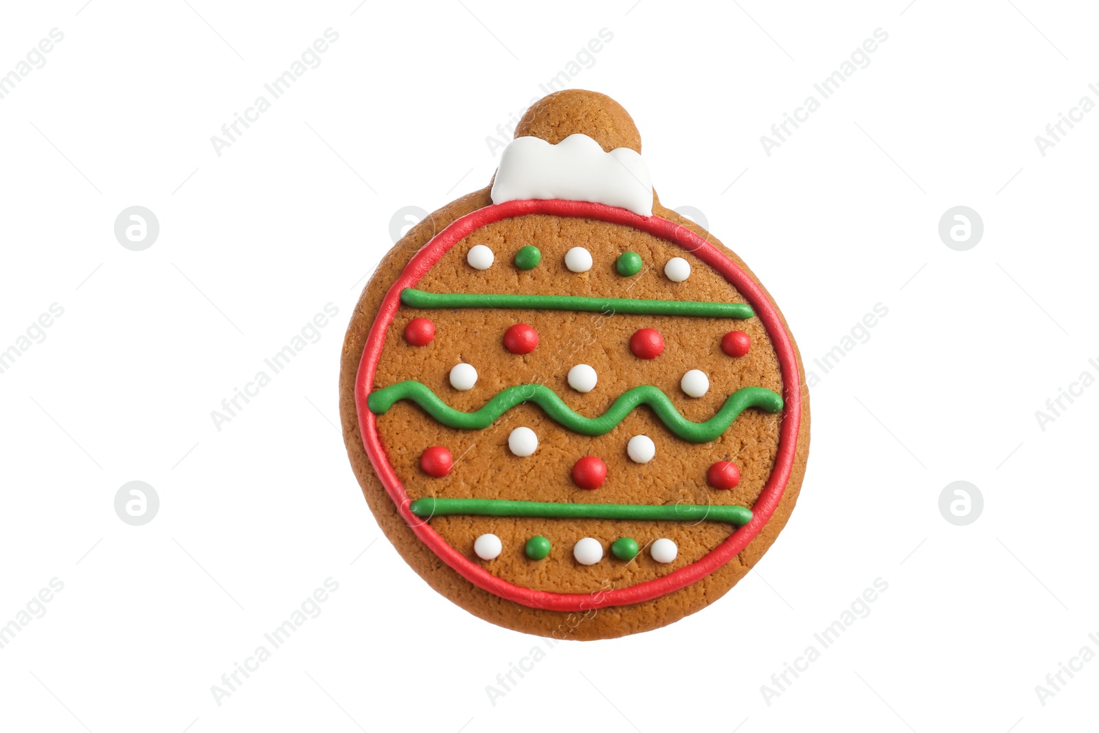 Photo of Tasty cookie in shape of Christmas ball isolated on white