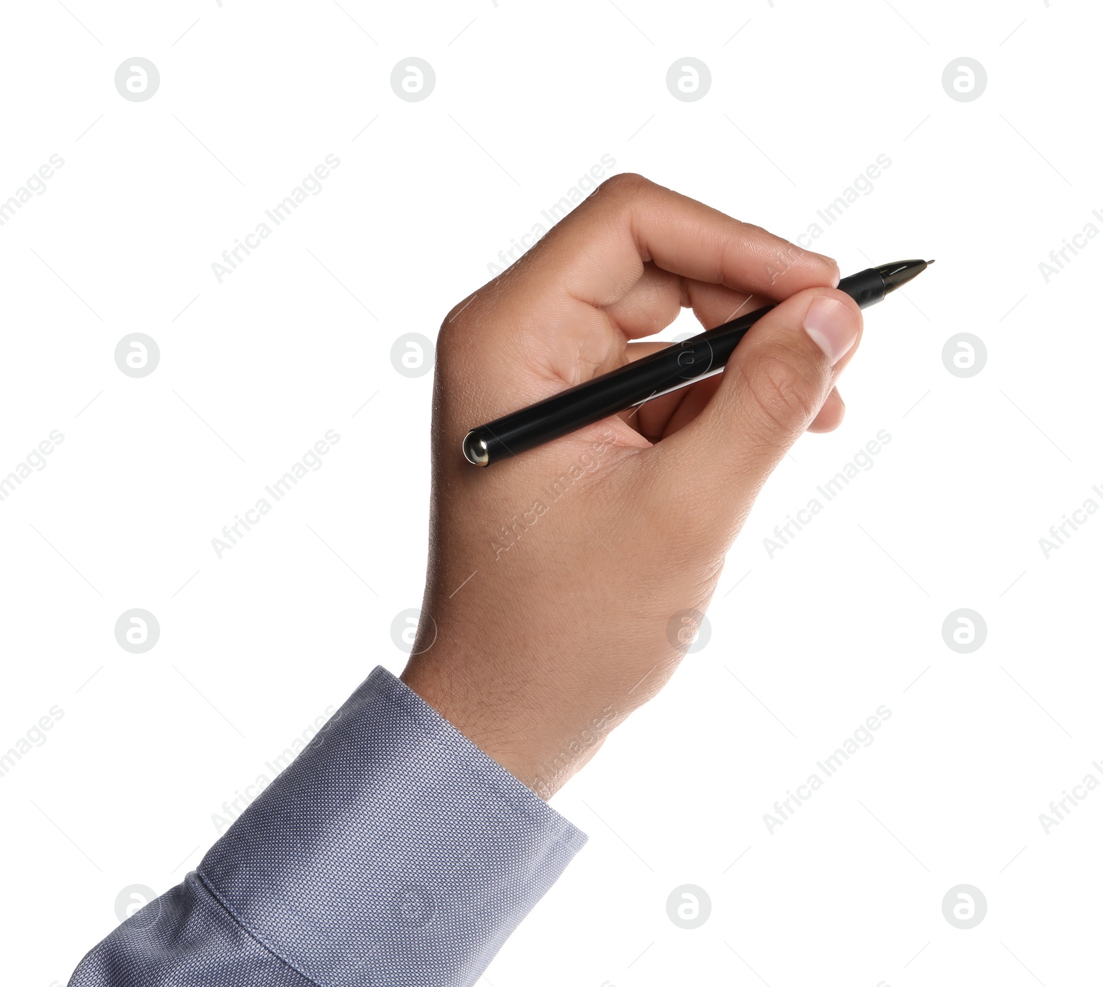 Photo of Man holding pen on white background, closeup of hand