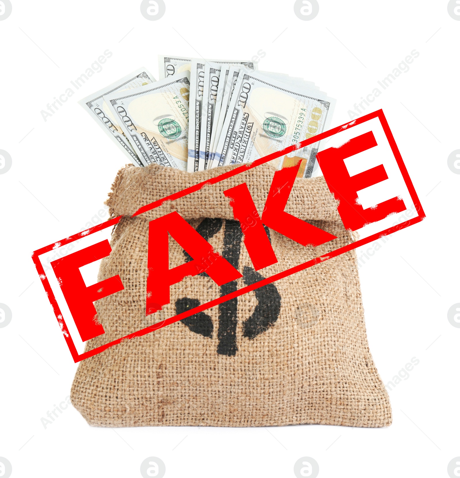 Image of Sack full of fake money on white background