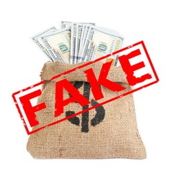 Image of Sack full of fake money on white background