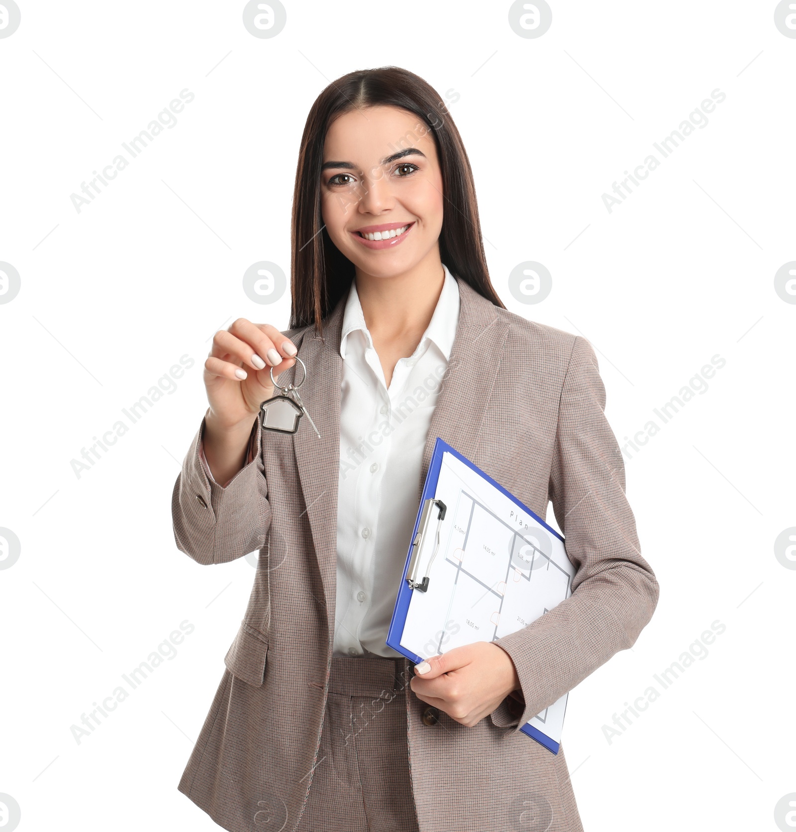 Photo of Real estate agent with key and clipboard on white background