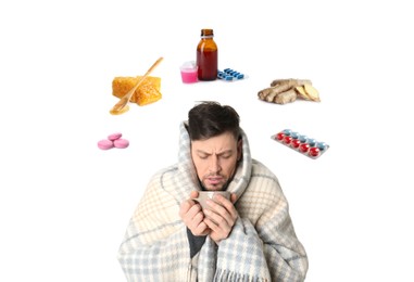Image of SIck man with cup of hot drink surrounded by different drugs and products for illness treatment on white background