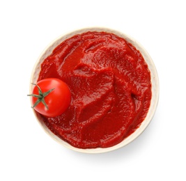 Photo of Tasty homemade tomato sauce and fresh vegetable in bowl on white background, top view