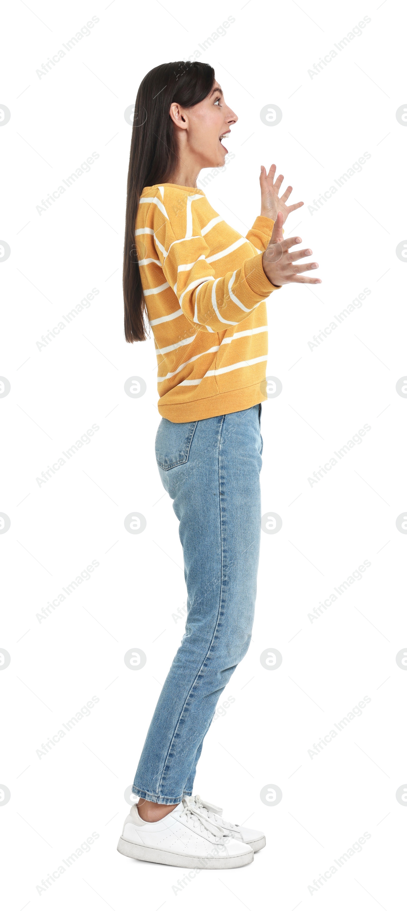 Photo of Surprised woman greeting someone on white background