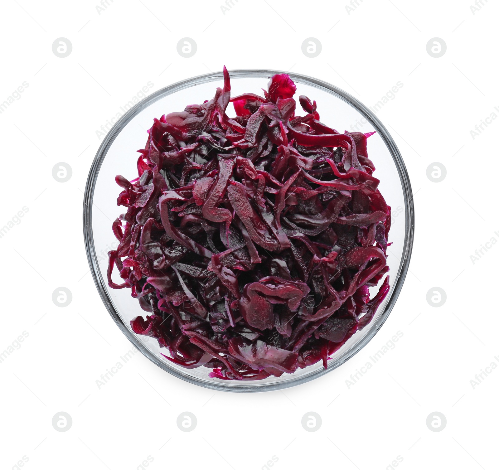 Photo of Bowl with tasty red cabbage sauerkraut isolated on white, top view