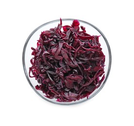 Photo of Bowl with tasty red cabbage sauerkraut isolated on white, top view