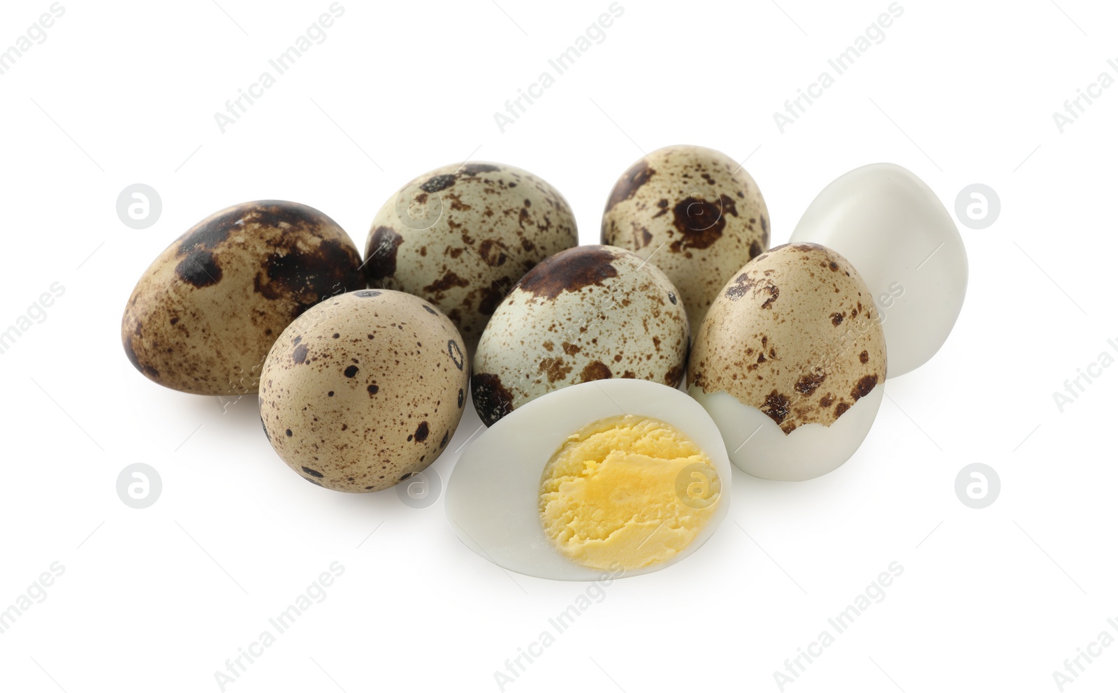 Photo of Unpeeled and peeled hard boiled quail eggs on white background