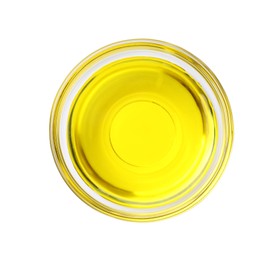 Photo of Glass bowl with yellow food coloring isolated on white, top view