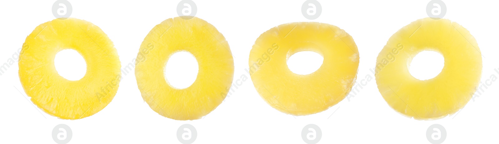 Image of Canned pineapple rings flying on white background, banner design 