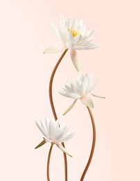 Image of Beautiful lotus flowers with long stems on beige background