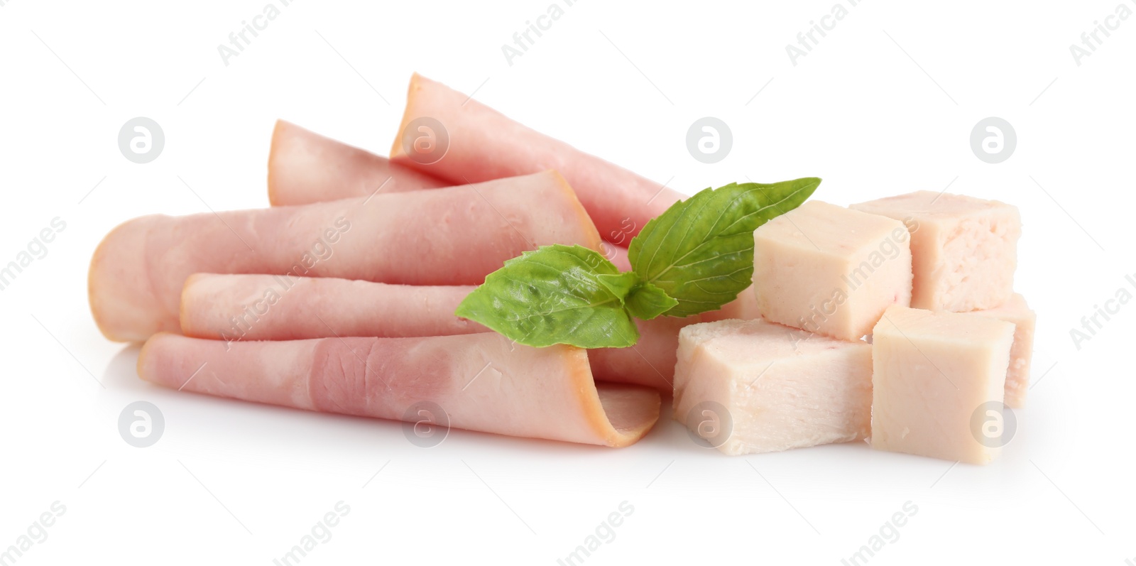 Photo of Tasty ham with basil isolated on white