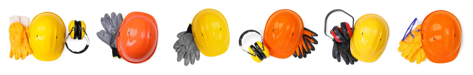 Image of Safety equipment, collection. Hard hats, gloves, protective headphones and goggles isolated on white, top view