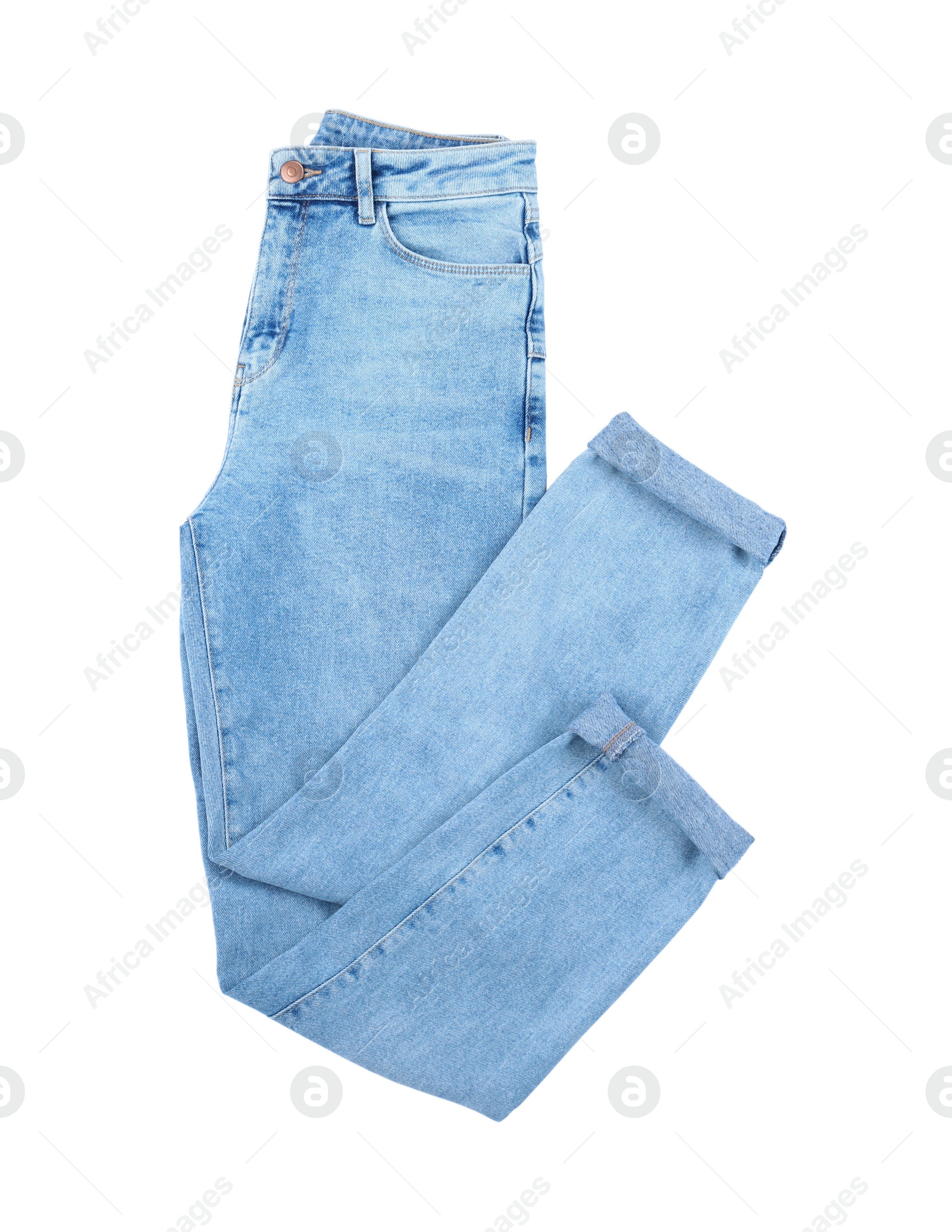 Photo of Stylish jeans isolated on white, top view