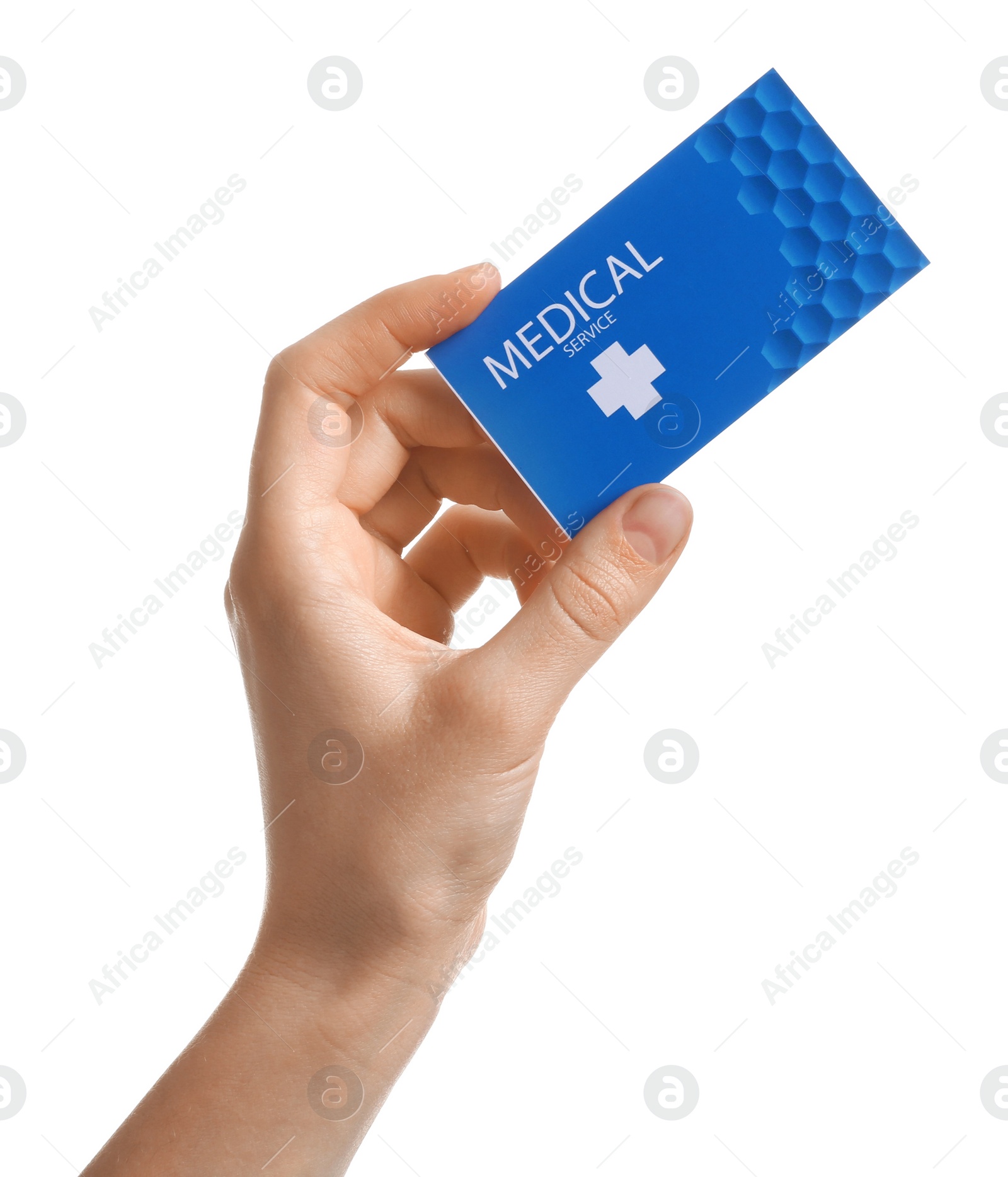 Photo of Woman holding business card isolated on white, closeup. Medical service