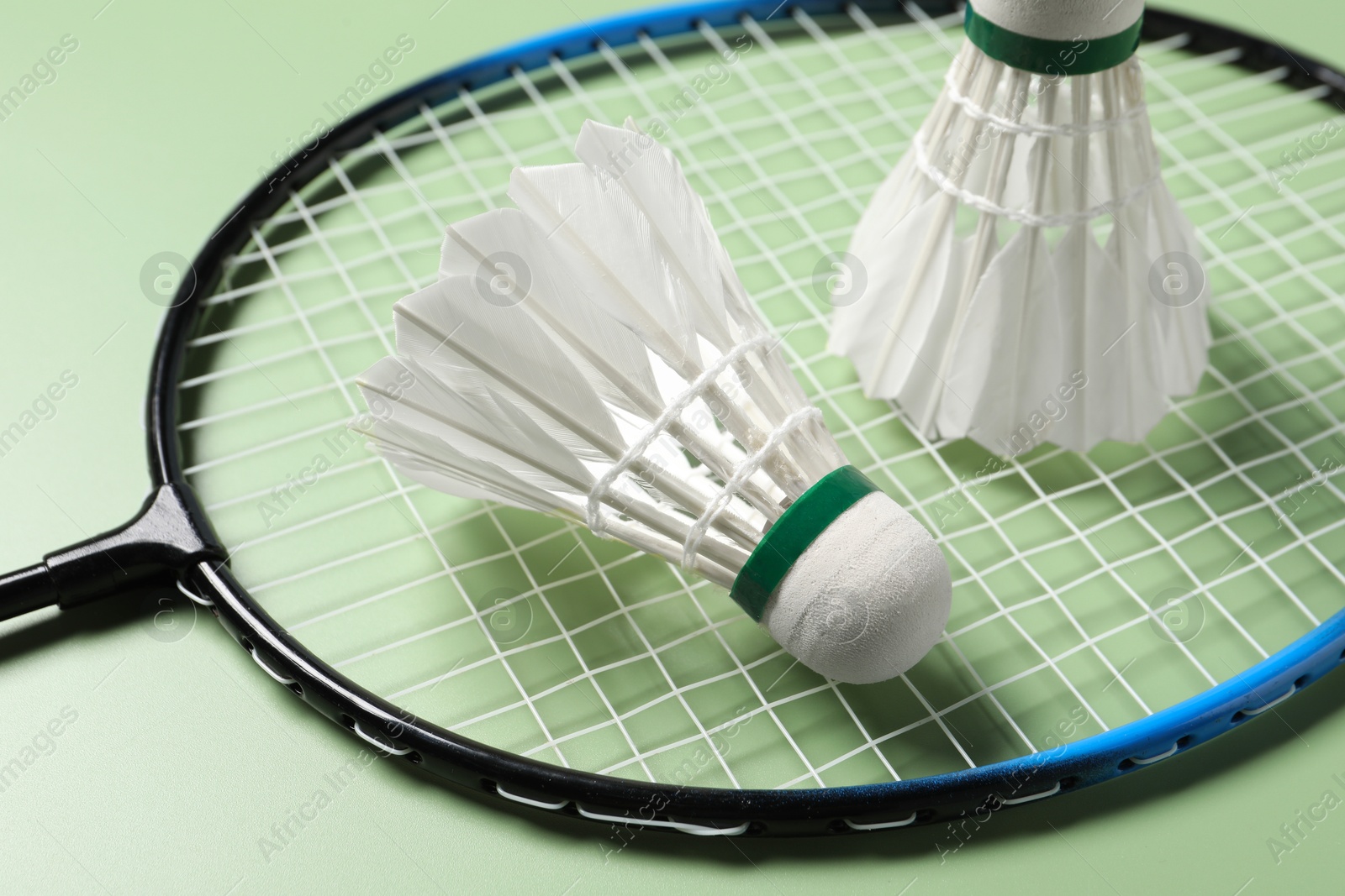 Photo of Feather badminton shuttlecocks and racket on green background, closeup