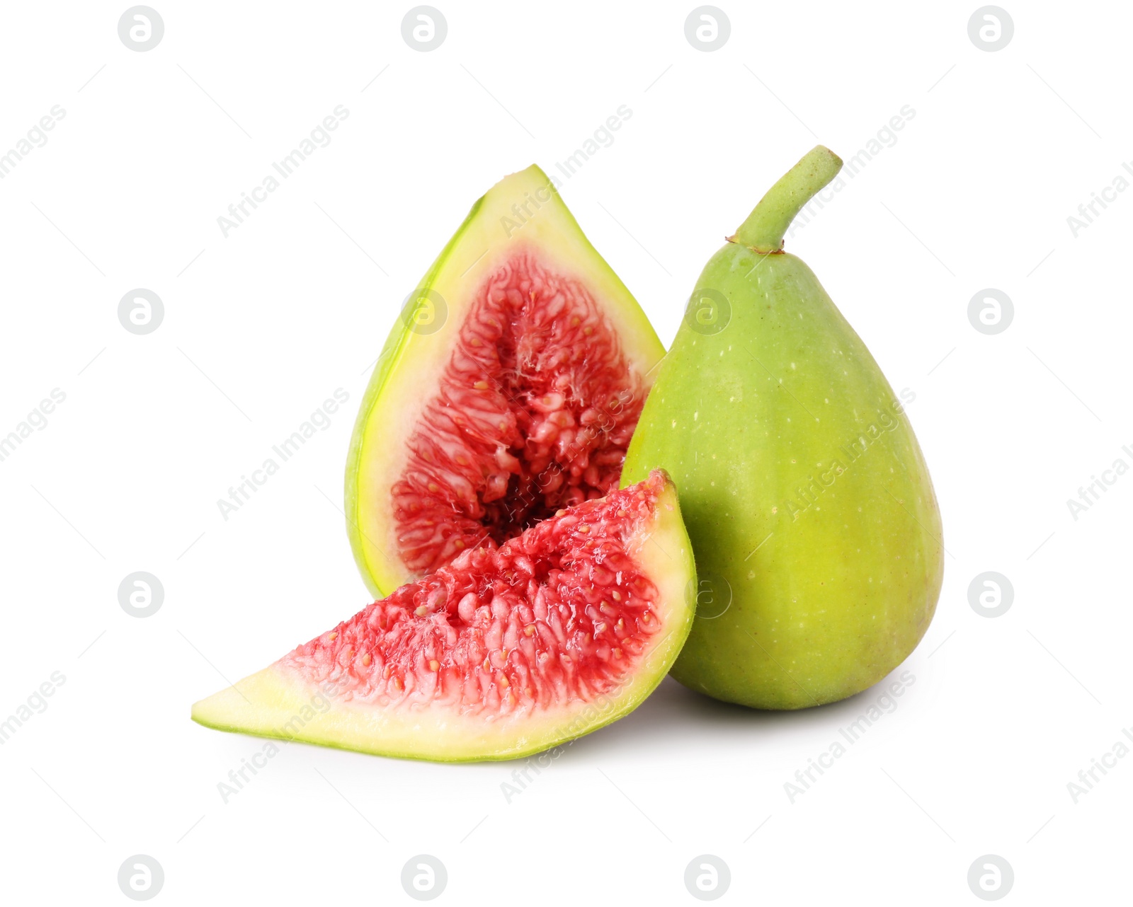 Photo of Cut and whole fresh green figs isolated on white