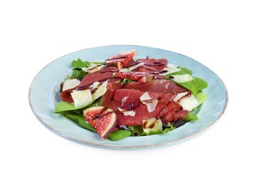 Photo of Plate with delicious bresaola salad isolated on white