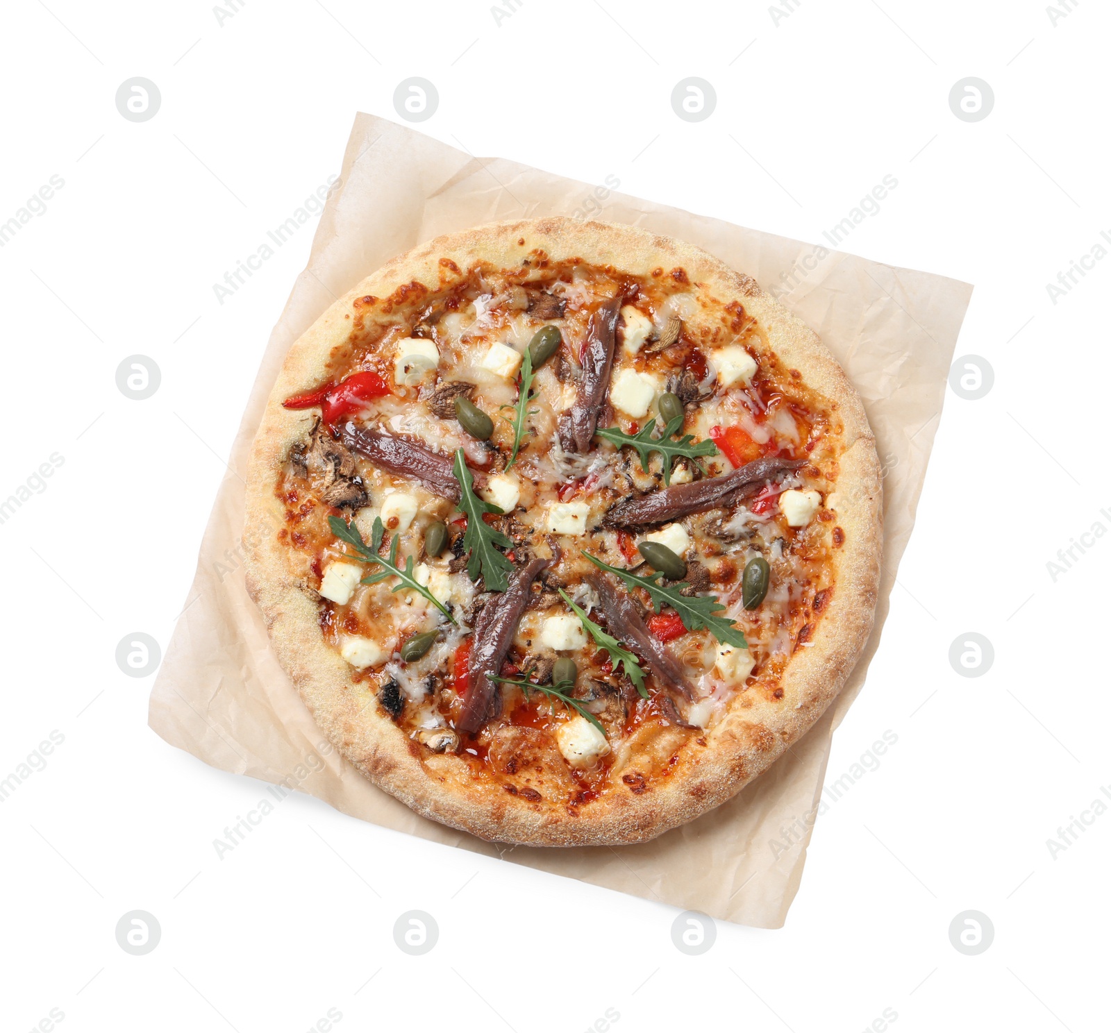 Photo of Tasty pizza with anchovies, arugula and olives isolated on white, top view