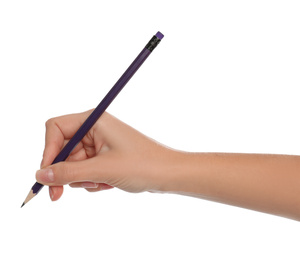 Photo of Woman holding ordinary pencil on white background, closeup