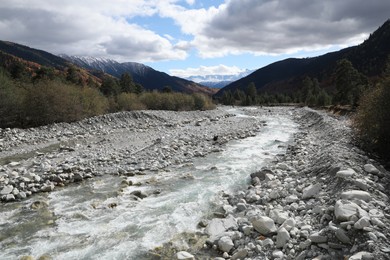 Photo of Picturesque view of river in mountains with forest on autumn day