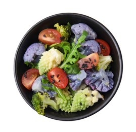 Delicious salad with cauliflower and tomato isolated on white, top view