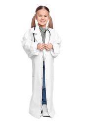 Photo of Little girl in medical uniform with stethoscope on white background