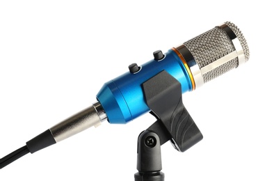 Photo of Condenser microphone with holder on white background