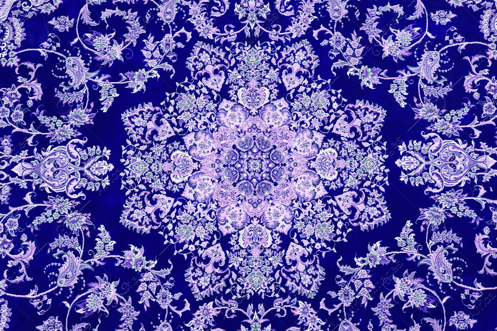 Image of Soft blue carpet with beautiful pattern as background, top view