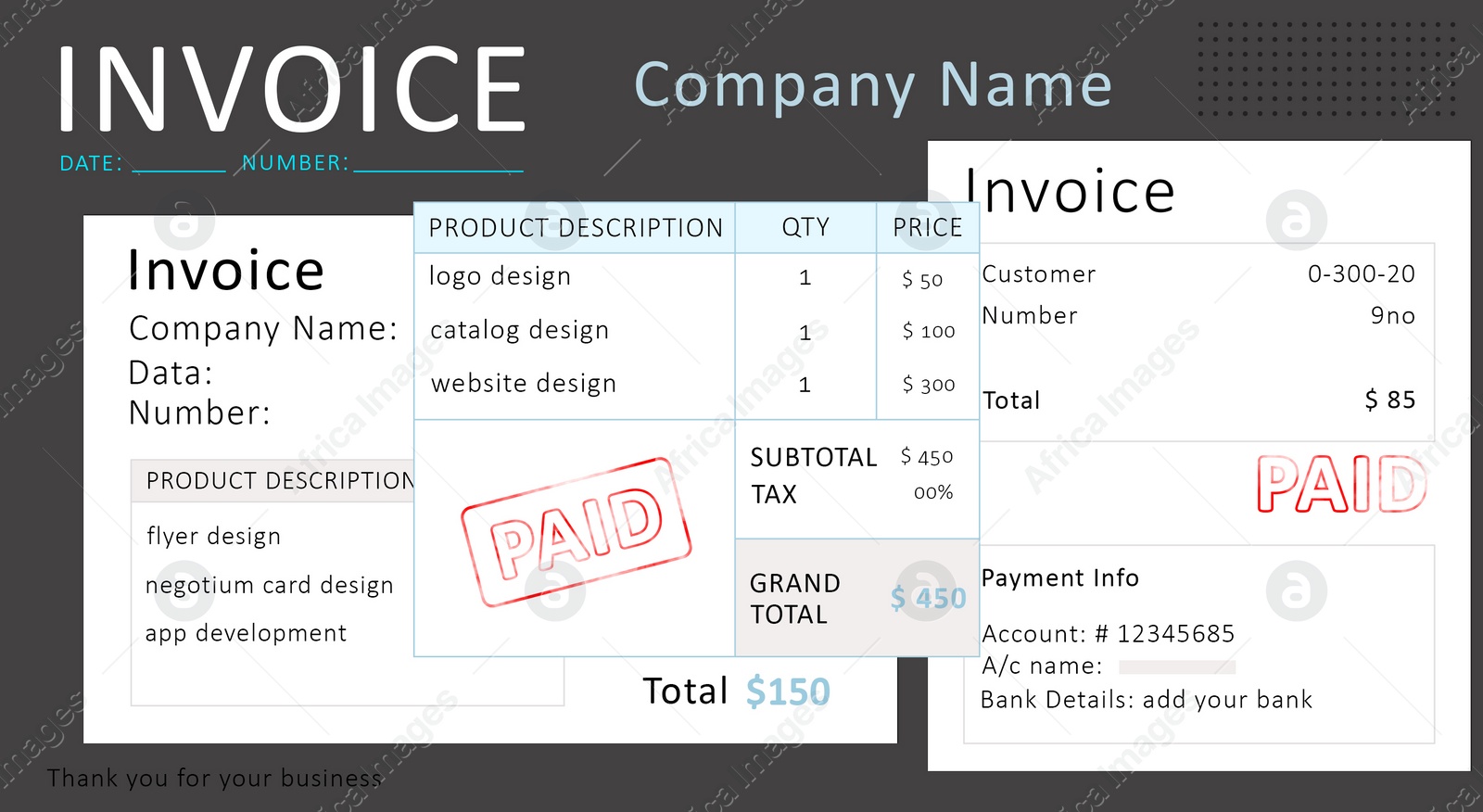 Illustration of Invoices with stamp PAID and payment information. Illustration