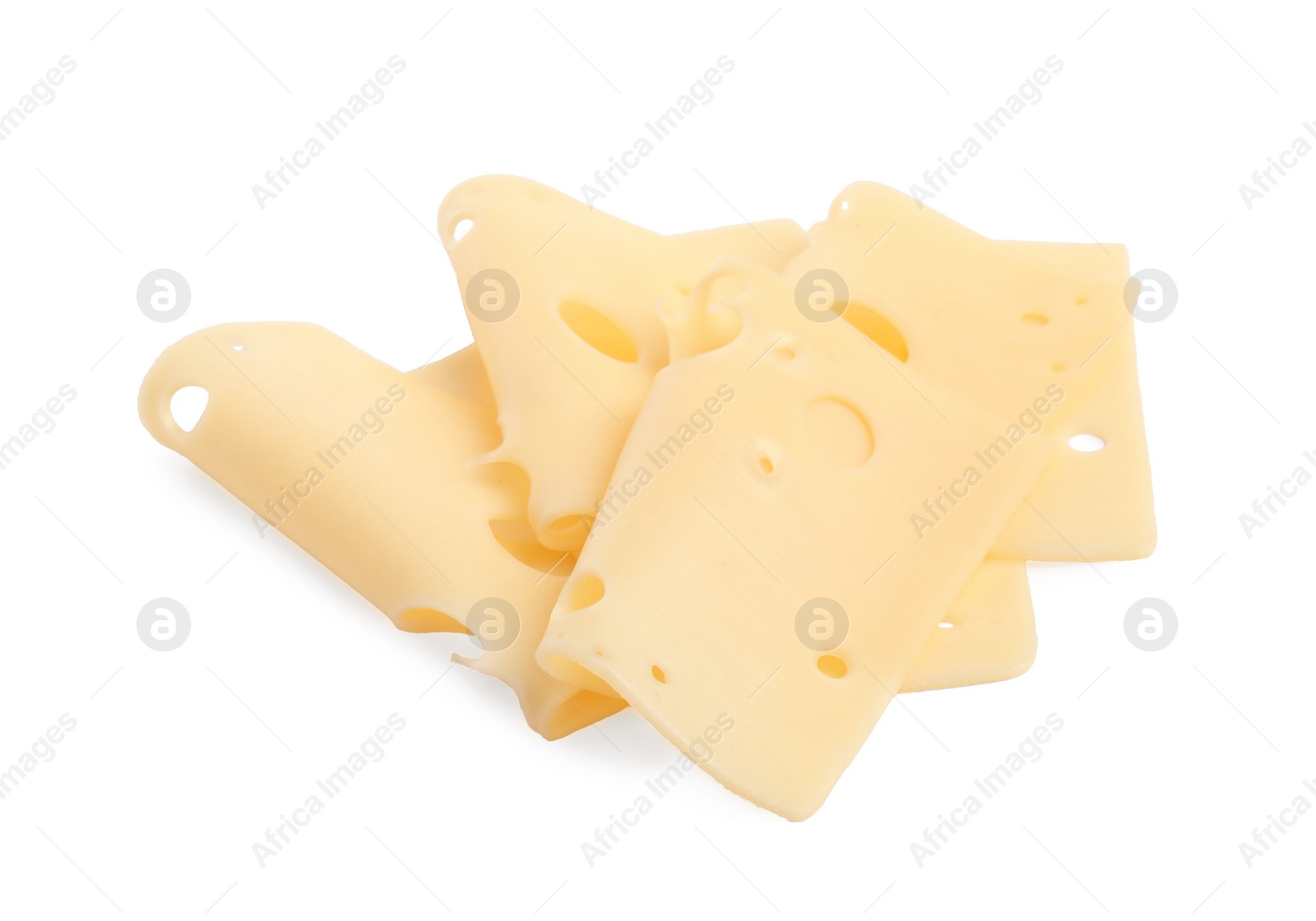 Photo of Slices of tasty fresh cheese isolated on white