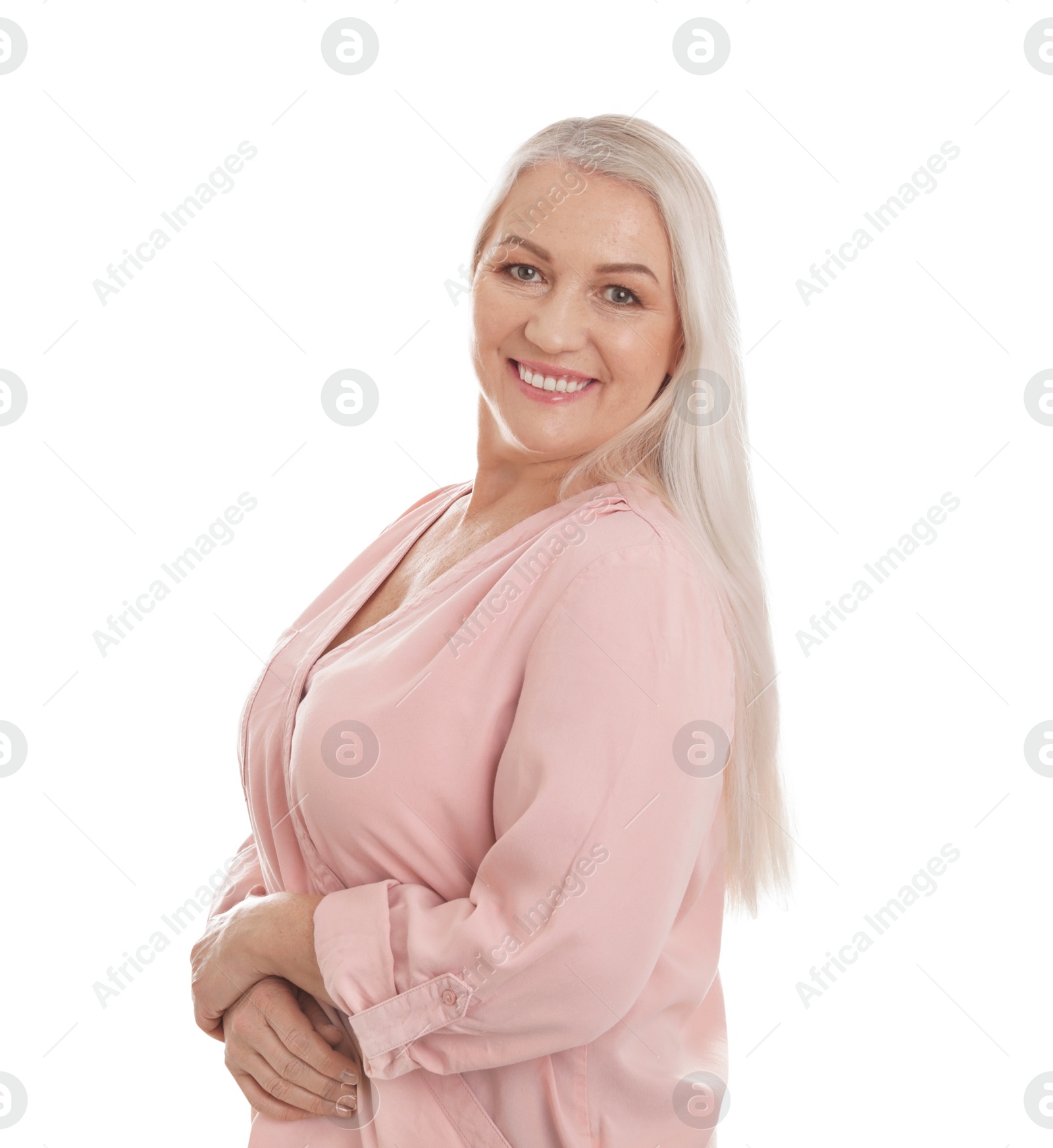 Photo of Portrait of mature woman isolated on white
