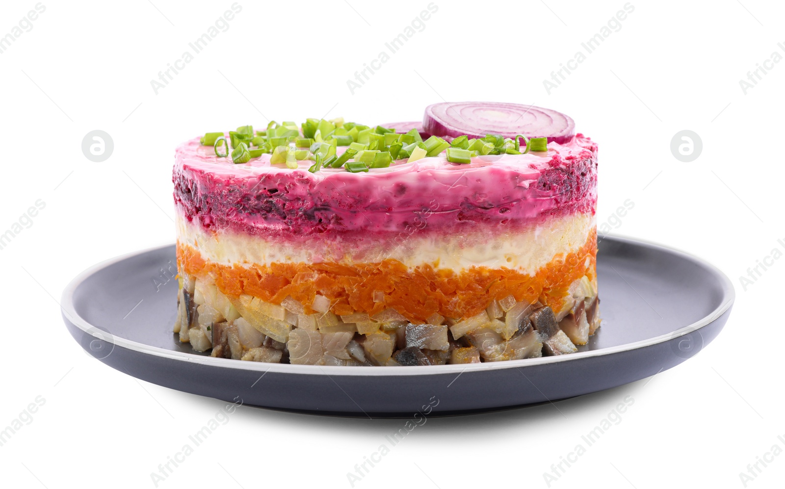 Photo of Herring under fur coat salad isolated on white. Traditional Russian dish