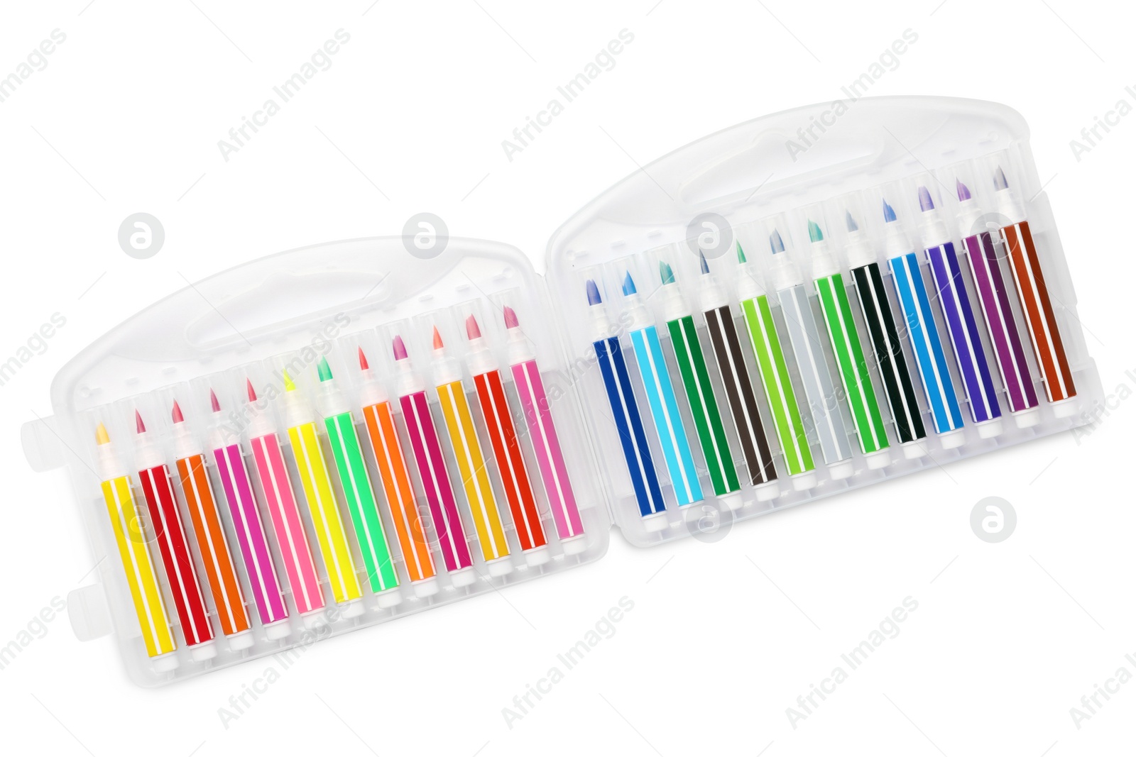 Photo of Set of bright markers isolated on white, top view