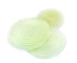 Slices of fresh ripe onion on white background