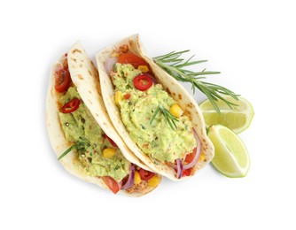 Delicious tacos with guacamole, vegetables, rosemary and slices of lime isolated on white, top view